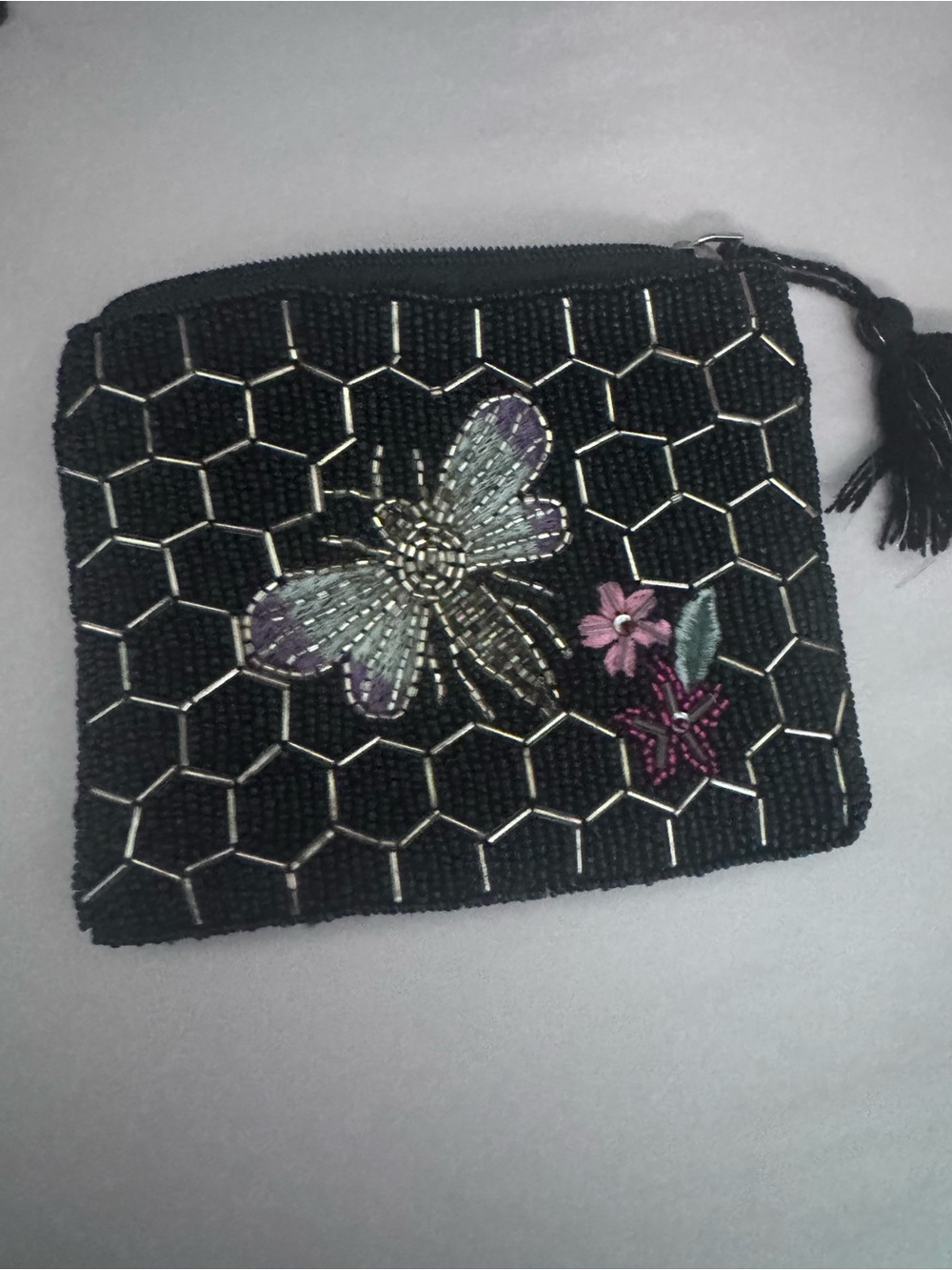 Black Beaded Butterfly Cosmetic Pouch with Floral Accent and Tassel